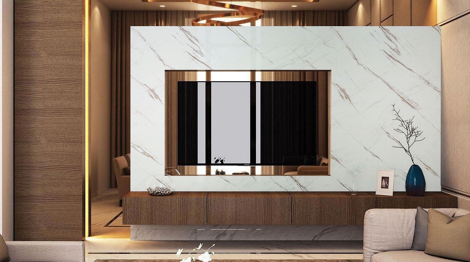 modern interior design using PVC marble sheets for fire place 